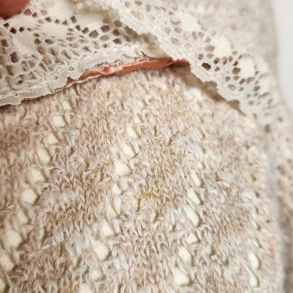 Vtg Tan Pink White Handmade Knit Turtleneck Lace Cottage Coquette Victorian Top - Picture 5 of 6